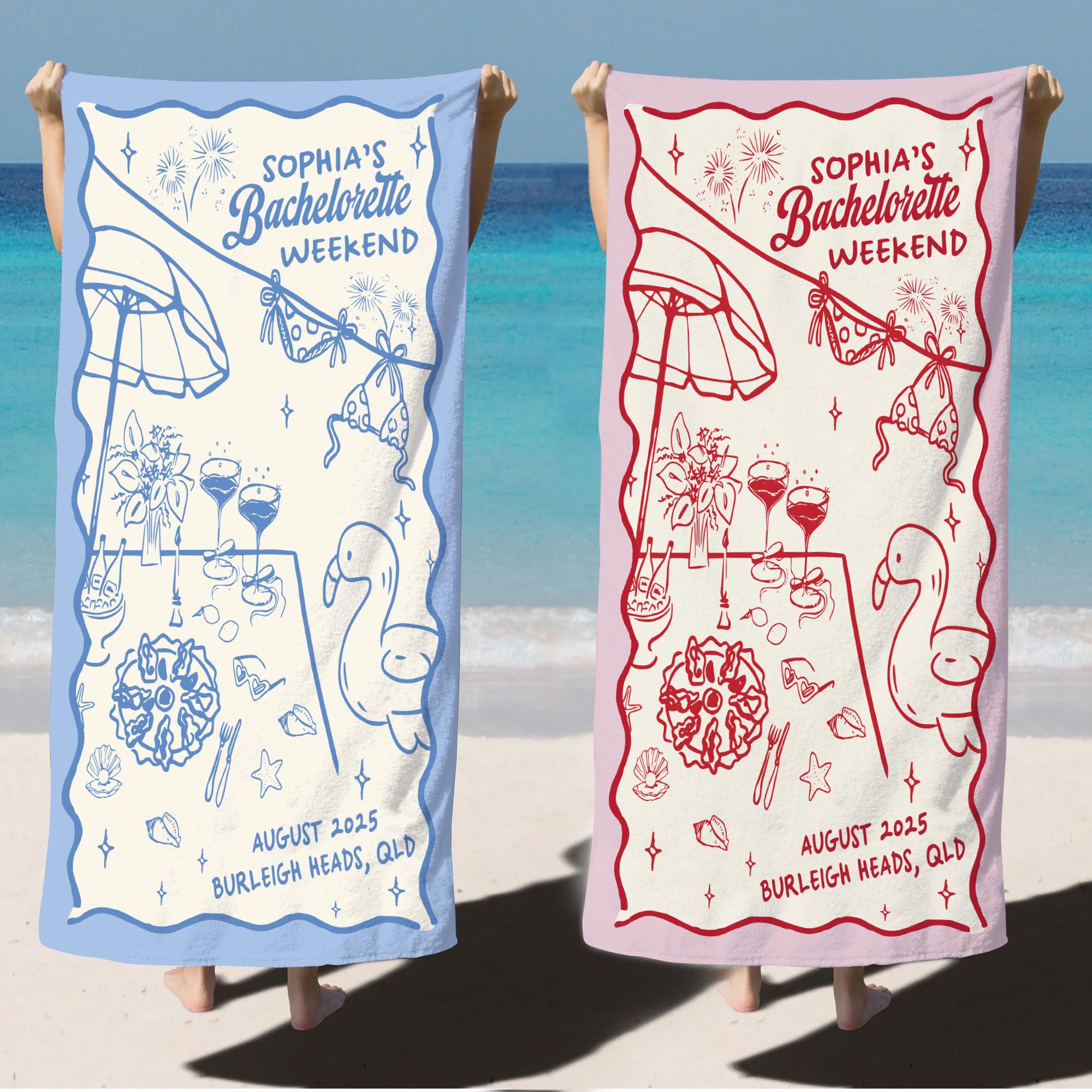 Personalized Beach Bachelorette Party Towel, Custom Bride Squad Beach Towel, Bachelorette Trip Gift, Bridal Party Pool Towel, Bride Gift