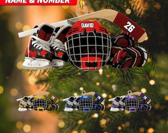 Personalized Hockey Christmas Ornament, Hockey Skates Helmet and Stick, Hockey Player Ornament, Hockey Ornaments, Gift for Hockey Lovers