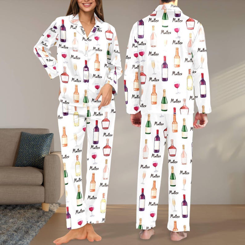Personalized Wine Bottles Pajamas Set, Customized Alcoholic Pajamas, Drinking Party Theme, Birthday Gift, Gift For Friend image 4