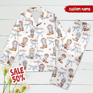 Personalized Blue Cowboy Boots Pajamas Set, Customized Western Style Pajamas, Cowgirl Party Theme, Valentine Gift, Birthday Gift