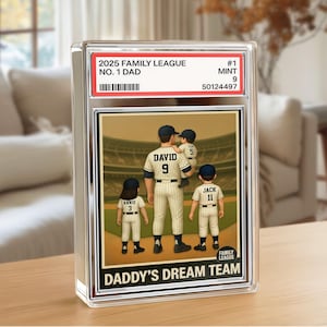 Plaque de baseball n° 1 pour papa et enfants style carte à collectionner, figurine articulée personnalisée, bloc acrylique personnalisé, cadeau de fête des pères pour papa, cadeau pour mari