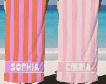 Retro Striped Personalized Beach Towel, Pool Party Towels, Retro Style Bridesmaid Towel, Birthday Vacation Gift, Swimming Club Towel