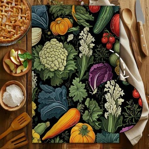 May include: Black kitchen towel with a colorful vegetable pattern including pumpkins, cauliflower, and carrots. The text "Fuck Trump" is subtly incorporated into the design. A pie, apples, and cooking utensils are arranged around the towel.