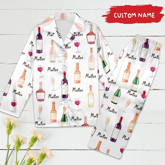 Personalized Wine Bottles Pajamas Set, Customized Alcoholic Pajamas, Drinking Party Theme, Birthday Gift, Gift For Friend