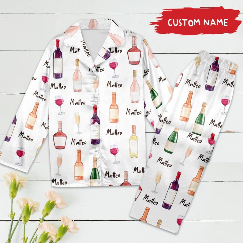 Personalized Wine Bottles Pajamas Set, Customized Alcoholic Pajamas, Drinking Party Theme, Birthday Gift, Gift For Friend image 1