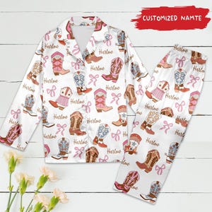 Personalized Cowboy Boots Pajamas, Customized Western Satin Pajama Set, Bachelorette Party, Western Life Theme, Pajamas Set