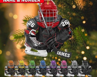 Personalized Hockey Christmas Ornament, Hockey Skates Helmet and Stick, Hockey Player Ornament, Hockey Ornaments, Gift for Hockey Lovers