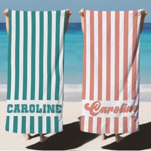 Retro Striped Personalized Beach Towel, Pool Party Towels, Retro Style Bridesmaid Towel, Birthday Vacation Gift, Swimming Club Towel