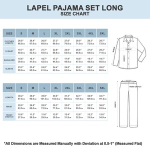 The image is a size chart for a set of pajama pants, including a shirt and a pair of pants. The chart provides measurements for different sizes, such as S, M, L, XL, 2XL, 3XL, 4XL, and 5XL, along with corresponding clothing and waist measurements. The chart also includes a diagram of the pajama pants, which shows the front crotch and sleeve length. The chart is designed to help customers determine the appropriate size based on their measurements.