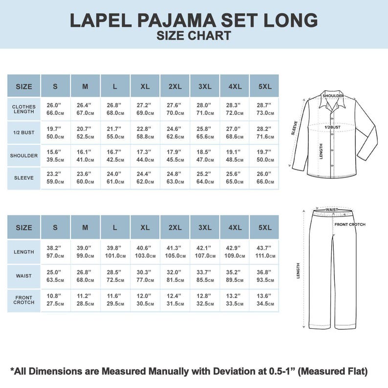 The image is a size chart for a set of pajama pants, including a shirt and a pair of pants. The chart provides measurements for different sizes, such as S, M, L, XL, 2XL, 3XL, 4XL, and 5XL, along with corresponding clothing and waist measurements. The chart also includes a diagram of the pajama pants, which shows the front crotch and sleeve length. The chart is designed to help customers determine the appropriate size based on their measurements.