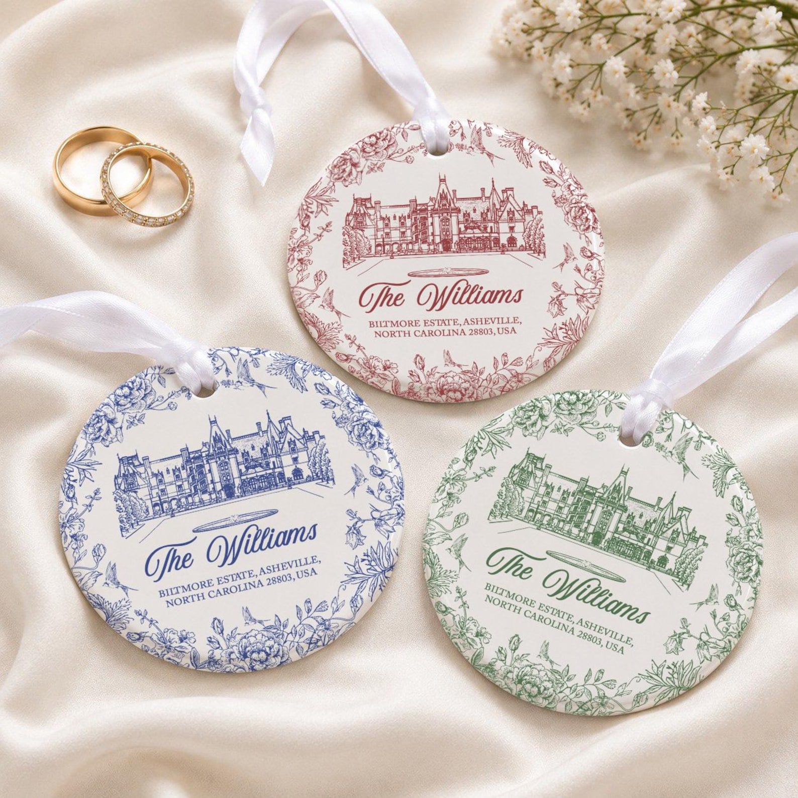Custom Wedding Venue Photo Ornament, Toile Illustrated Venue Gift, Personalized Ceramic Ornament, Unique Wedding Gift for Couple