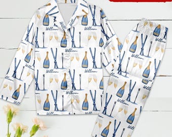 Personalized Custom Name Wine Bottle Pajamas, Customized Blue Skiing Pajamas, Drinking And Skiing Pajamas Set, Pajamas Party Holiday