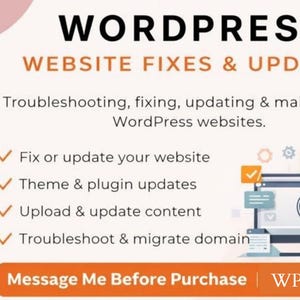 May include: An advertisement for WordPress website services. The image features the text "WORDPRESS WEBSITE FIXES & UPDATES" and lists services like website updates, theme and plugin updates, content uploads, and domain migration. A computer screen displays the WordPress logo.