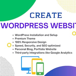 Puede incluir: Imagen que promociona servicios de creación de sitios web de WordPress. El texto incluye "CREAR SITIO WEB WORDPRESS" y viñetas que detallan servicios como instalación, temas premium, diseño responsivo, optimización SEO e integraciones de terceros. Dos personas trabajando en un portátil.