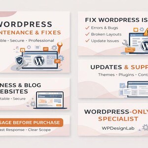 May include: A graphic with text and illustrations about WordPress services. The text includes "WordPress Maintenance & Fixes," "Business & Blog Websites," and "WordPress-Only Specialist." Illustrations include a laptop, wrench, and shield.