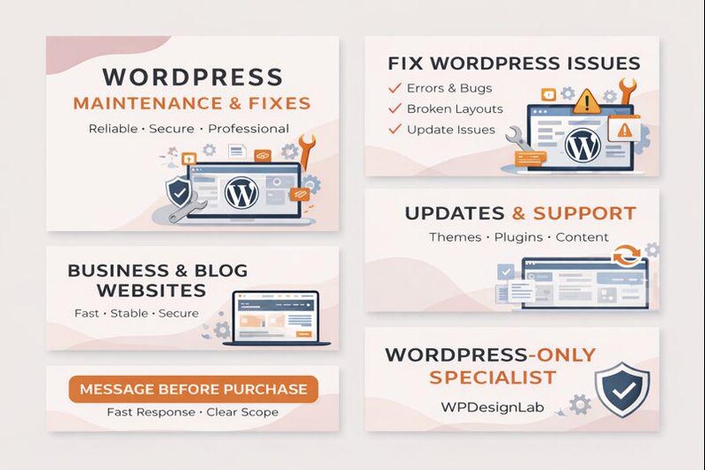 May include: A graphic with text and illustrations about WordPress services. The text includes "WordPress Maintenance & Fixes," "Business & Blog Websites," and "WordPress-Only Specialist." Illustrations include a laptop, wrench, and shield.
