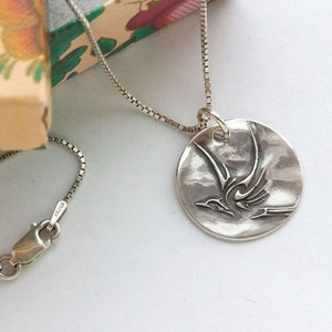 Lightness of Spirit Bird silver medallion Slim, small Antiqued .99 fine silver pendant, optional sterling chain w/length choices