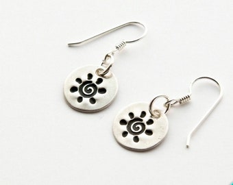Handmade Fine Silver Sun Spiral Dangle Earrings - Sterling Silver Wires