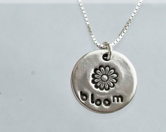 Double sided Bloom Silver Medallion, Small, .99 fine silver individually handmade medallion, sterling silver 18-inch chain