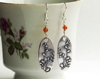 Handmade Fine Silver Flower Earrings: tiny, real Amber Accent, on Sterling Silver Ear Wire