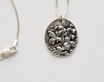 Summer Busy Bee Silver Medallion, handmade fine silver pendant w/optional sterling silver chain w/length options