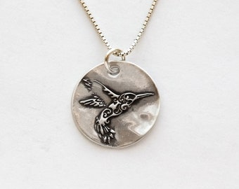 Fine Silver Hummingbird Medallion: Sterling Silver Chain Option, Stylized Bird