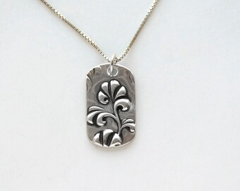 Handmade Fine Silver Flower Medallion: Sterling Silver Chain Option, Flowers in dog tag style pendant