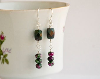 Petite Stone and Silver Earring, Natural Stones, Fancy Jasper Rectangles with Ruby in Zoisite dangles on sterling ear wires, 2 inch long