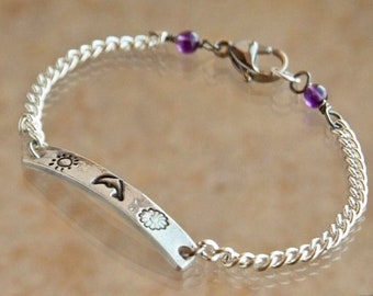 Women's Silver Bracelet, Steel chain, handmade fine silver tab with nature symbols, Natural Amethyst stone accent, Size 7-3/4 Inches