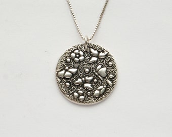 Butterfly Garden Medallion, handmade fine silver pendant, Optional Sterling Chain