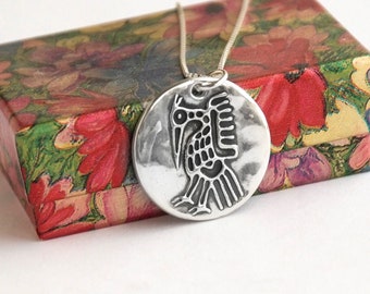 Handmade Fine Silver Ibis Medallion: Antiqued, Optional Sterling Chain