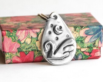 Swan Tear Drop Medallion: Optional Sterling Chain, Raised bird and moon, hand shaped fine silver PMC