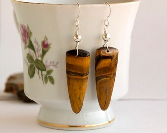 Tiger's Eye Sterling Silver Dangle Earrings: Elegant Natural Stone