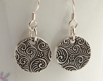 Handmade Fine Silver Drop Earrings: Small Drops, Fern, Textured, Sterling Silver Earring Wire