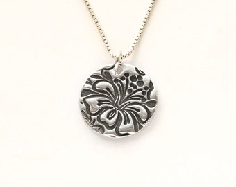 Women's Flower Solid Silver, Individually Handmade Small Fine Silver Charm, Optional Sterling Silver Chain w/length options, Hibiscus