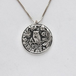 Spirit of Athena Silver Owl Rustic Pendant Each Varies, .99 Fine Silver Charm, Sterling Silver chain, Individually Handmade, Antiqued