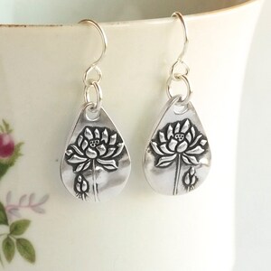 Women's Petite Flower Silver Dangle Earrings, Petite .99FS handmade drops, sterling ear wire, fine silver flower drops, small earrings image 1