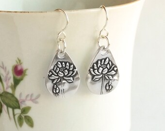 Women's Petite Flower Silver Dangle Earrings, Petite .99FS handmade drops, sterling ear wire, fine silver flower drops, small earrings