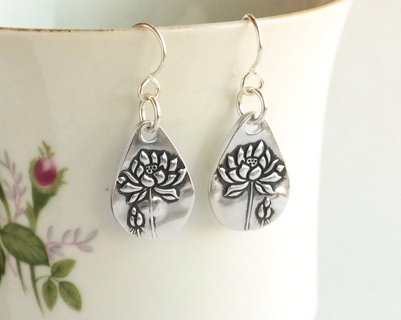 Women's Petite Flower Silver Dangle Earrings, Petite .99FS handmade drops, sterling ear wire, fine silver flower drops, small earrings image 1