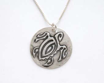 Handmade Fine Silver Sea Turtle Medallion - Sterling Chain Option
