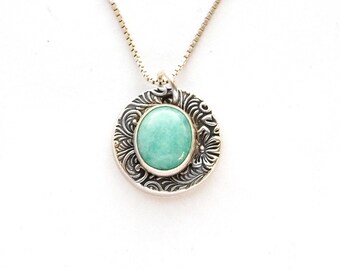 Amazonite in Fine Silver Medallion Necklace: Sterling Chain, Handmade silver medallion, slim sterling chain optional lengths, rustic, small
