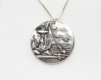 Sailboat and Sea Silver Pendant, .99 fine silver charm only Or on sterling silver chain w/length choice, individually handmade