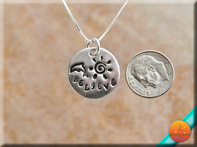 Believe with Dolphins silver necklace small handmade fine silver dolphin charm on sterling chain with length options