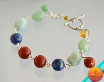 Women's Mixed Stone Silver Bracelet, Red Jasper, Blue Sodalite, Green Aventurine, Citrine, 8-inch length, Wire wrapped stones, Toggle clasp