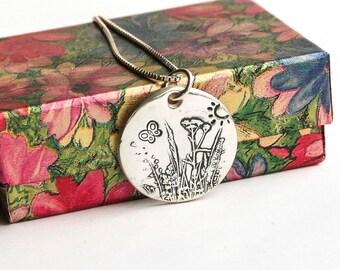 Fine Silver Butterfly Meadow Medallion: Sterling Silver Chain Option