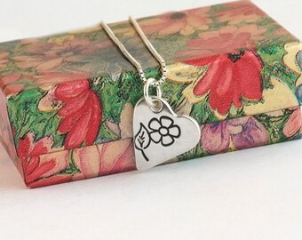 Fine Silver Heart Necklace, Flower Detail, Sterling Chain