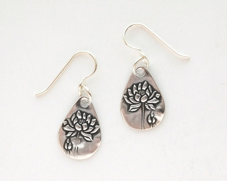 Women's Petite Flower Silver Dangle Earrings, Petite .99FS handmade drops, sterling ear wire, fine silver flower drops, small earrings image 3