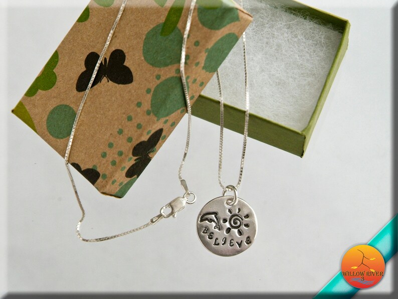 Believe with Dolphins silver necklace small handmade fine silver dolphin charm on sterling chain with length options