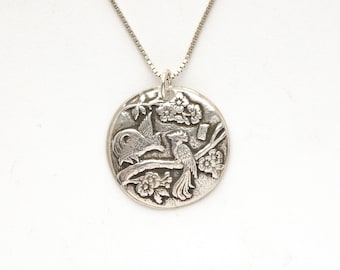 Bird and Flower Medallion Pendant - Optional Sterling Chain, Darker than photos