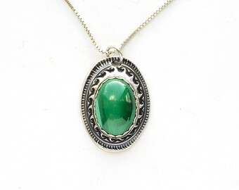 Handmade Malachite Fine Silver Medallion Necklace, Rustic Antiqued Pendant, Sterling Chain, Asymmetrical pendant